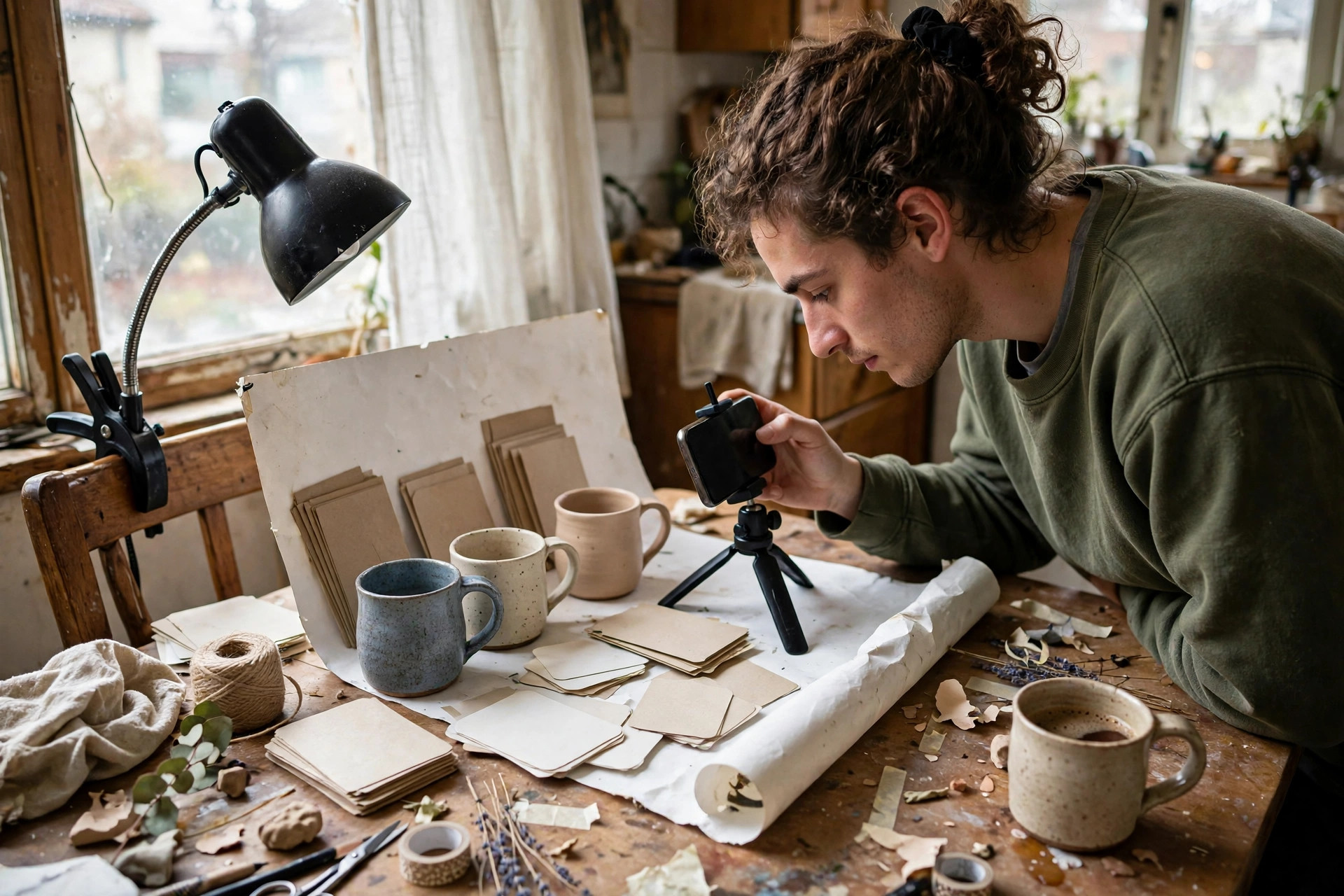 A maker mid-shoot photographing small products on a cluttered table with a phone tripod and desk lamp