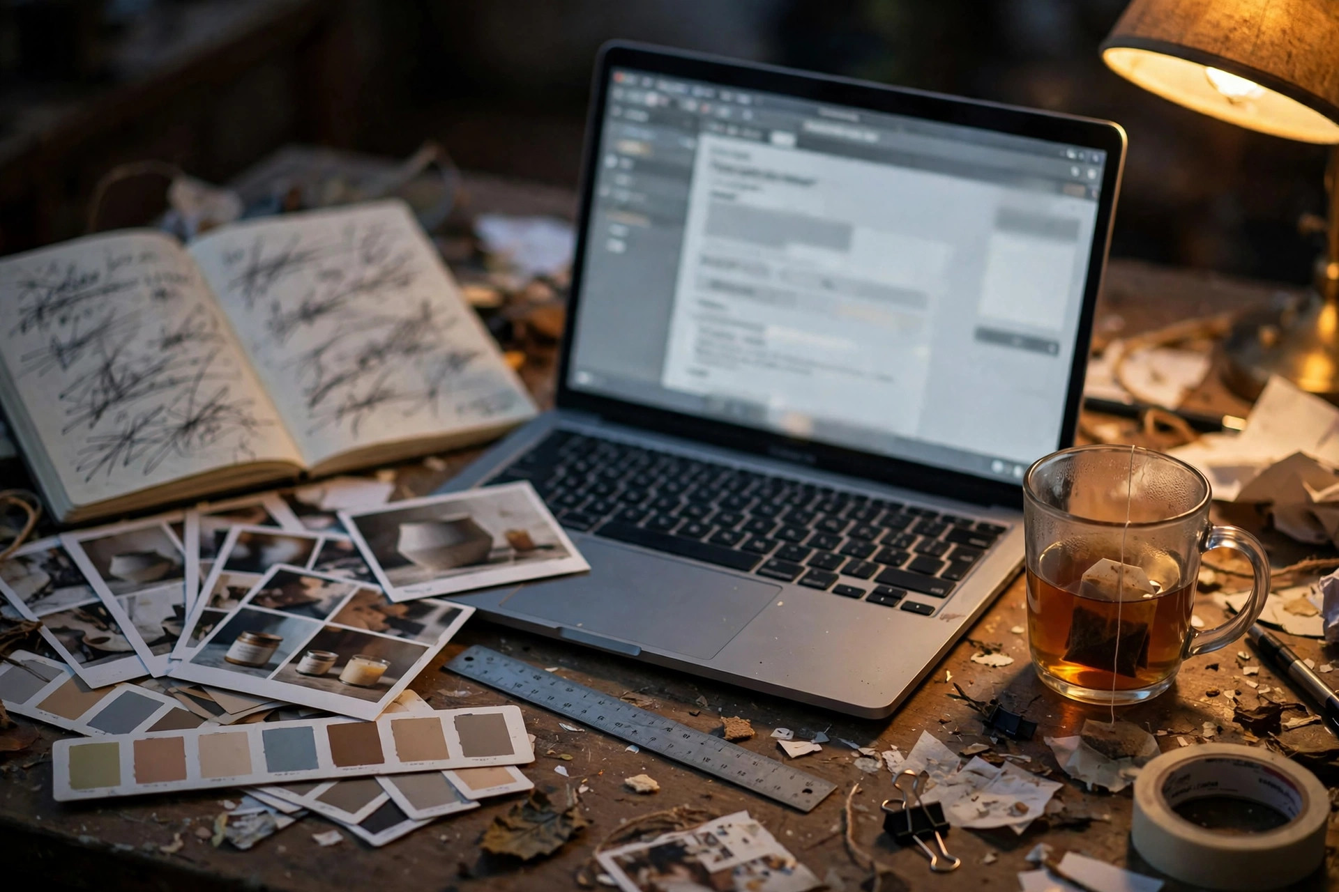 A laptop mid-listing-draft on a messy desk with printed product photos and a notebook of crossed-out titles